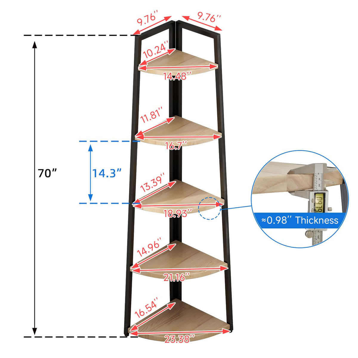70 inch Solid Wood 5 Tier Corner Bookshelf M1698