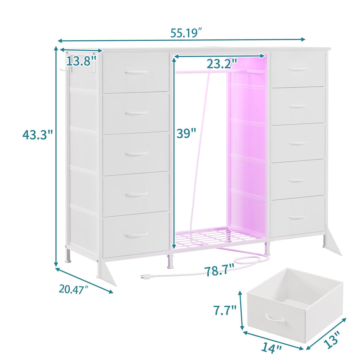 55"W Dresser with Hanging Rack, 10 Fabric Drawers & Hooks H88257