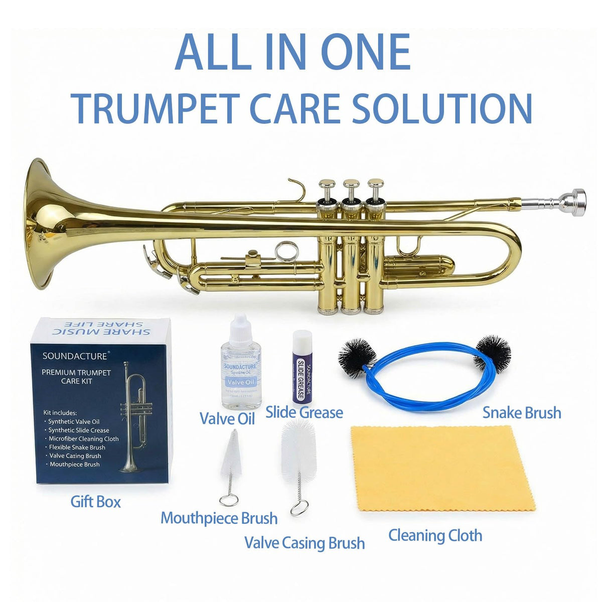 Trumpet Cleaning Kit with Valve Oil, Slide Grease, Brushes & Cloth W69786