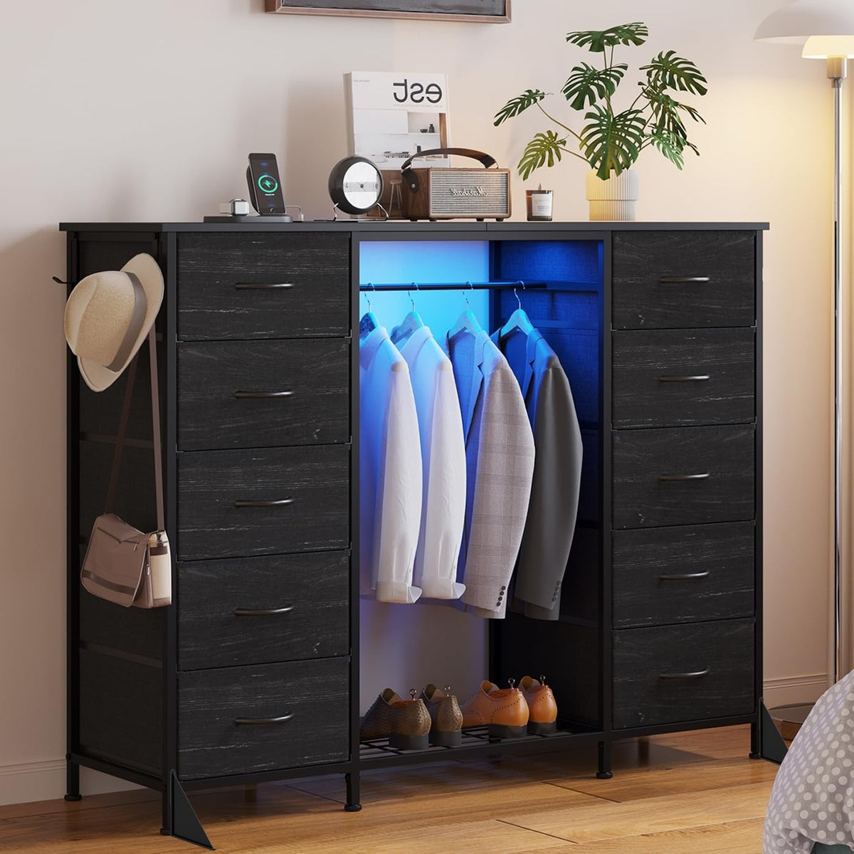 55"W Dresser with Hanging Rack, 10 Fabric Drawers & Hooks H88257