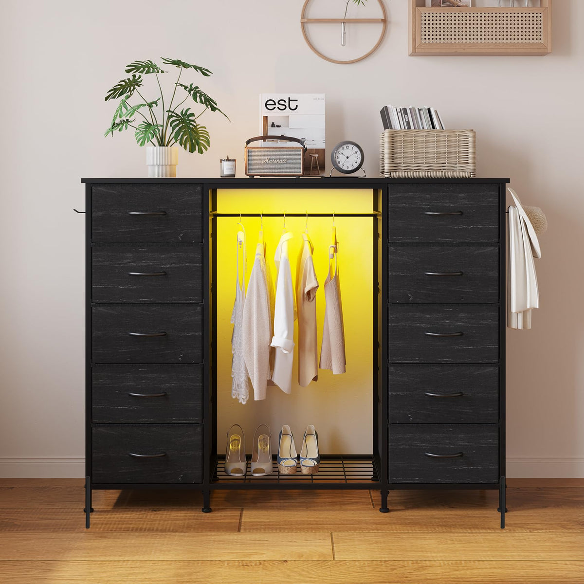 55"W Dresser with Hanging Rack, 10 Fabric Drawers & Hooks H88257