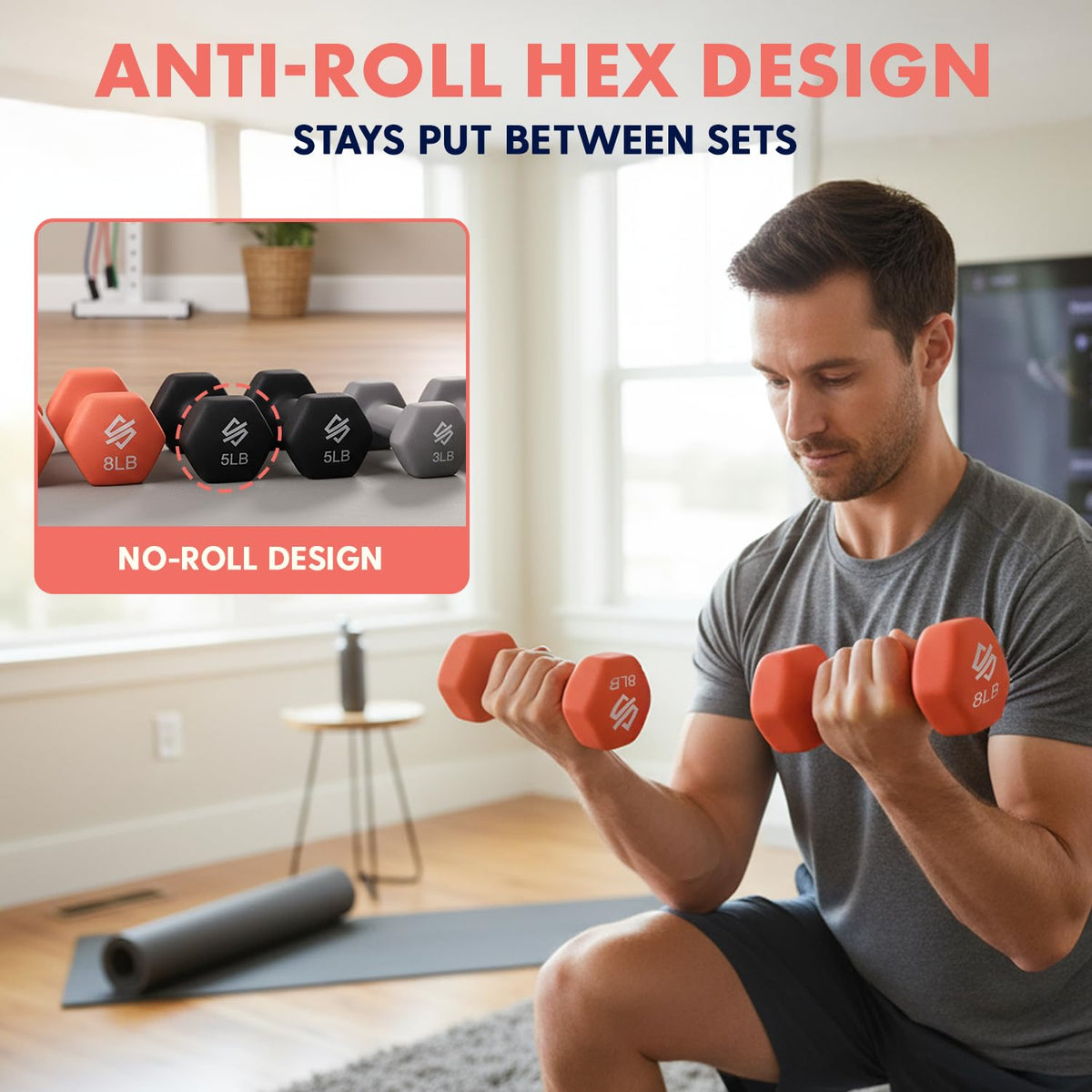 32lbs Neoprene Coated Hex Dumbbell Weights Set with Stand E6070