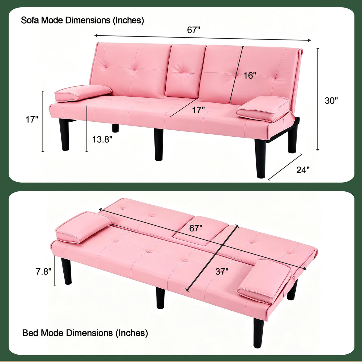 67" Convertible Sofa Bed with Cup Holders, Pink G33155