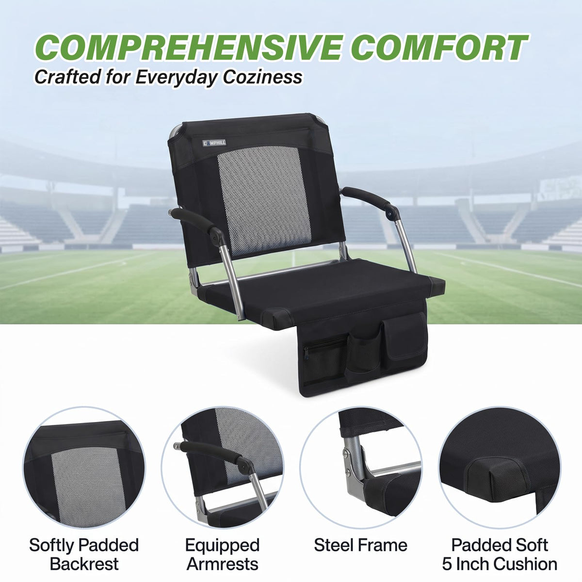 2 Pack Black Stadium Seats with Back Support & Armrests V450575