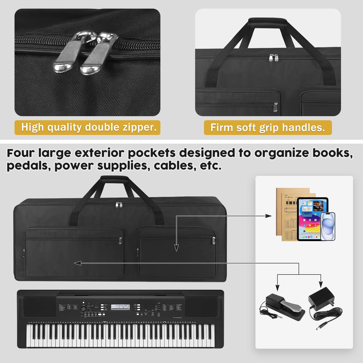 76 Key Piano Keyboard Case Bag with 4-Pocket (Black) H15346