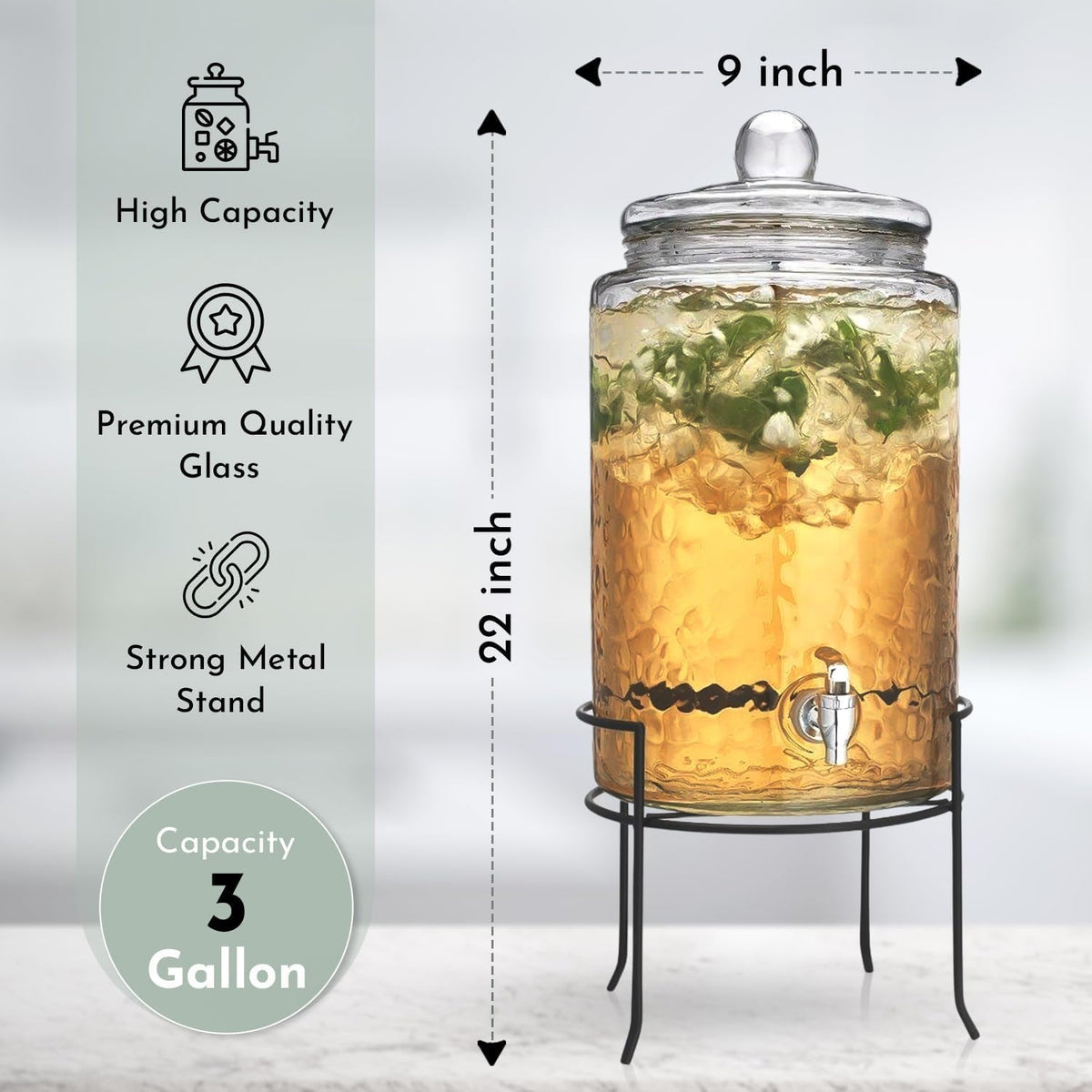3 Gallon Glass Beverage Dispenser with Metal Stand & Lid A199602
