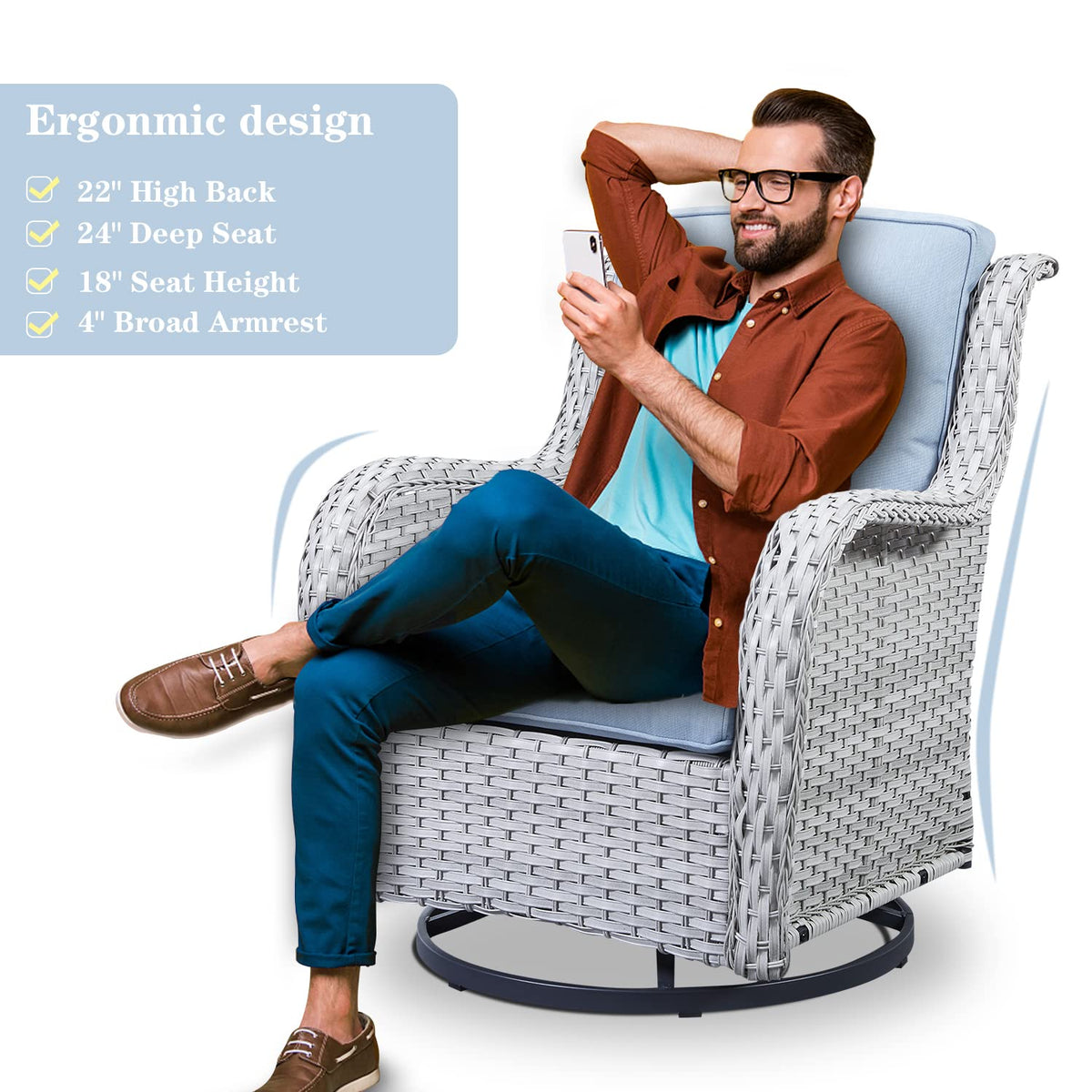 8 Piece Wicker Patio Furniture Conversation Set with Swivel Rocker Chairs, Sofa, Ottomans and Coffee Table R652