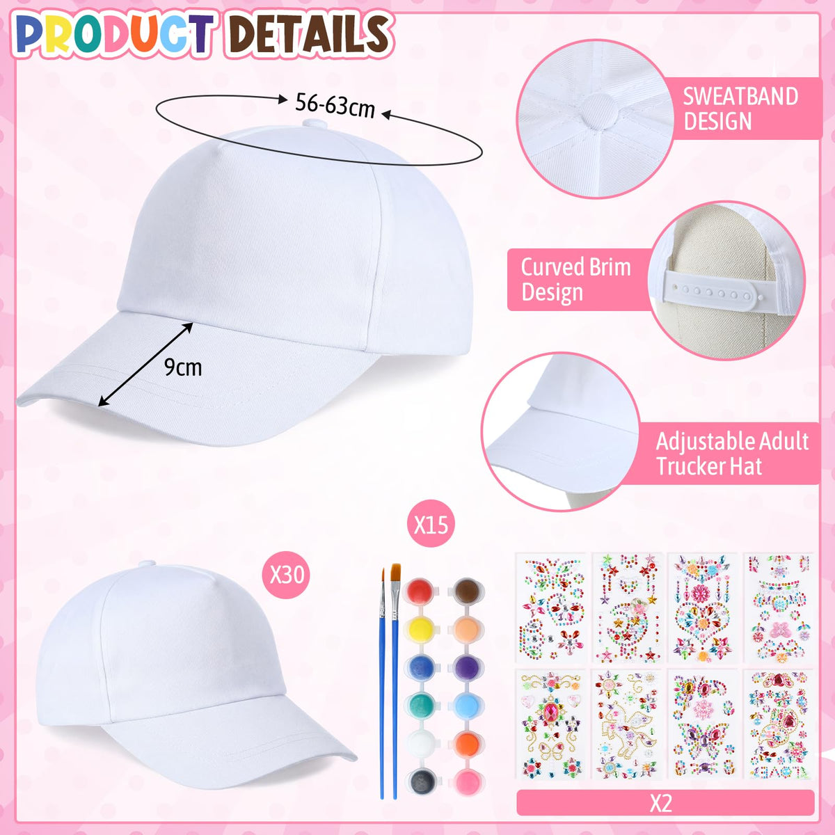 30 Pcs White Blank Adjustable Baseball Caps with Acrylic Paint Brushes R651758