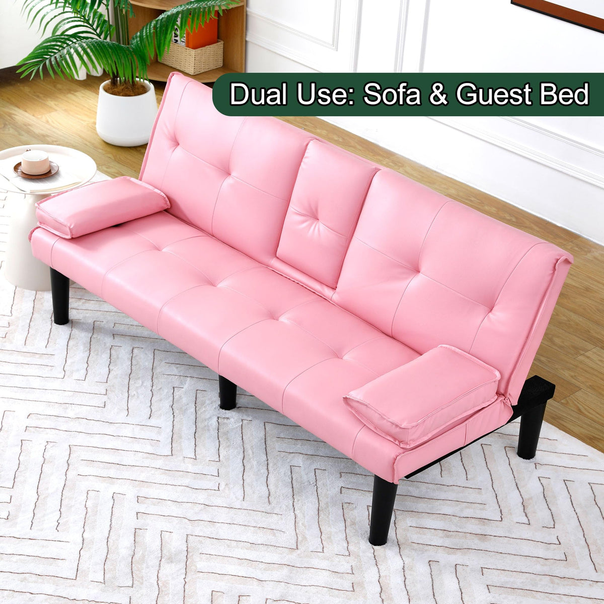 67" Convertible Sofa Bed with Cup Holders, Pink G33155
