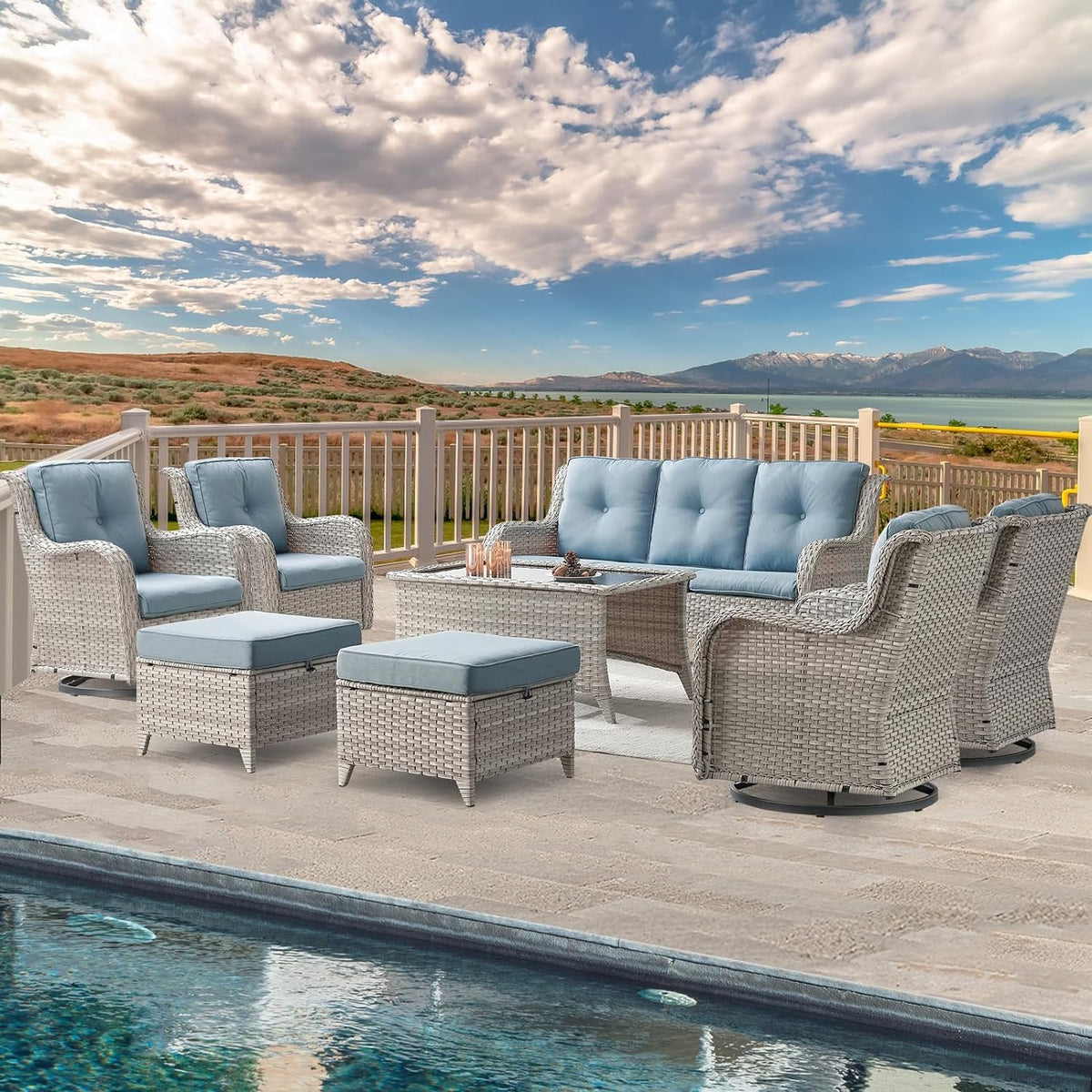 8 Piece Wicker Patio Furniture Conversation Set with Swivel Rocker Chairs, Sofa, Ottomans and Coffee Table R652
