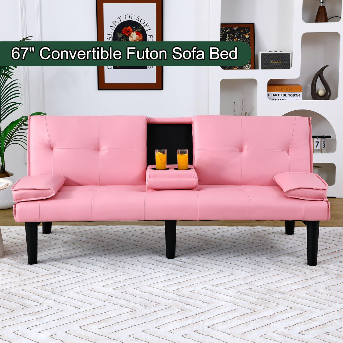 67" Convertible Sofa Bed with Cup Holders, Pink G33155