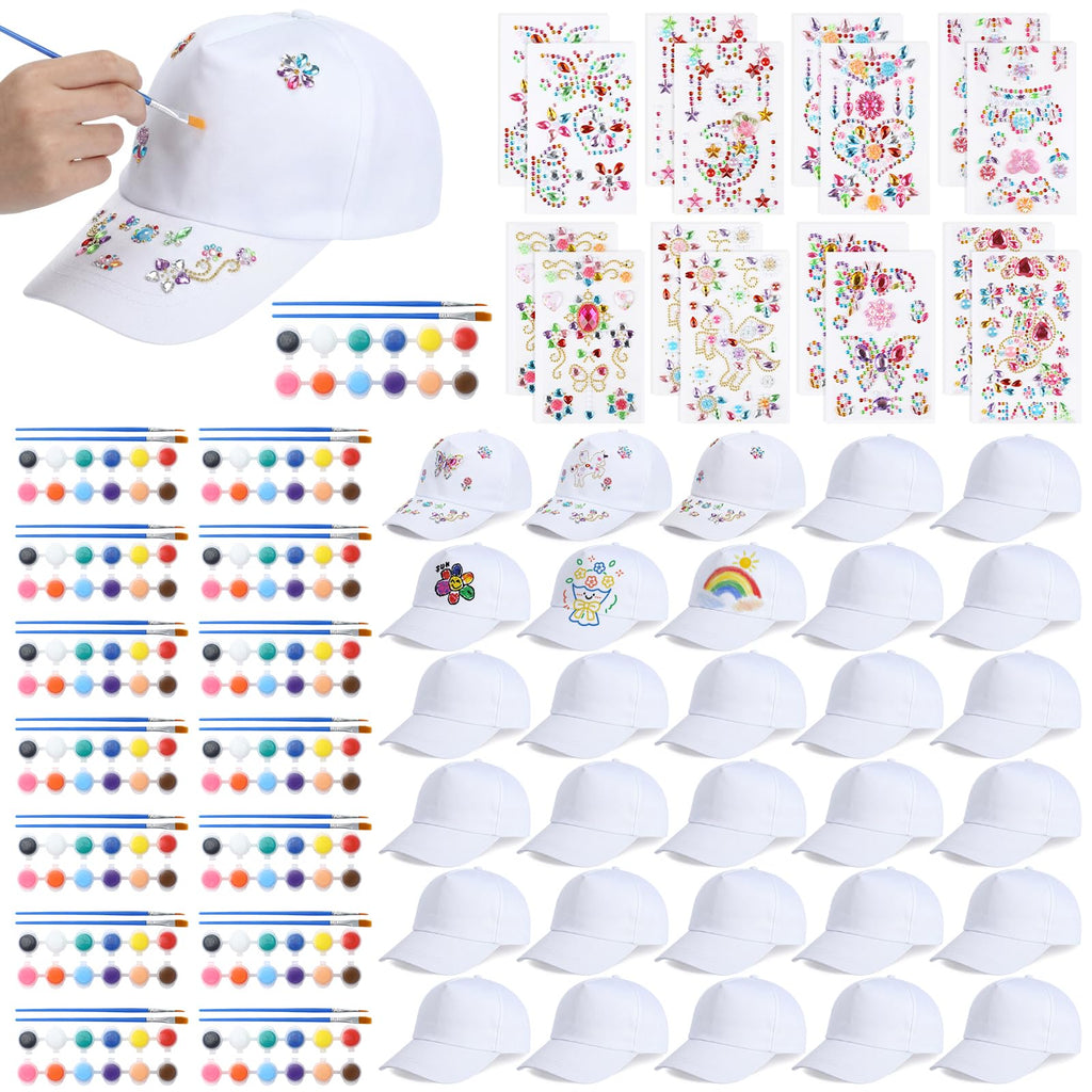 30 Pcs White Blank Adjustable Baseball Caps with Acrylic Paint Brushes R651758