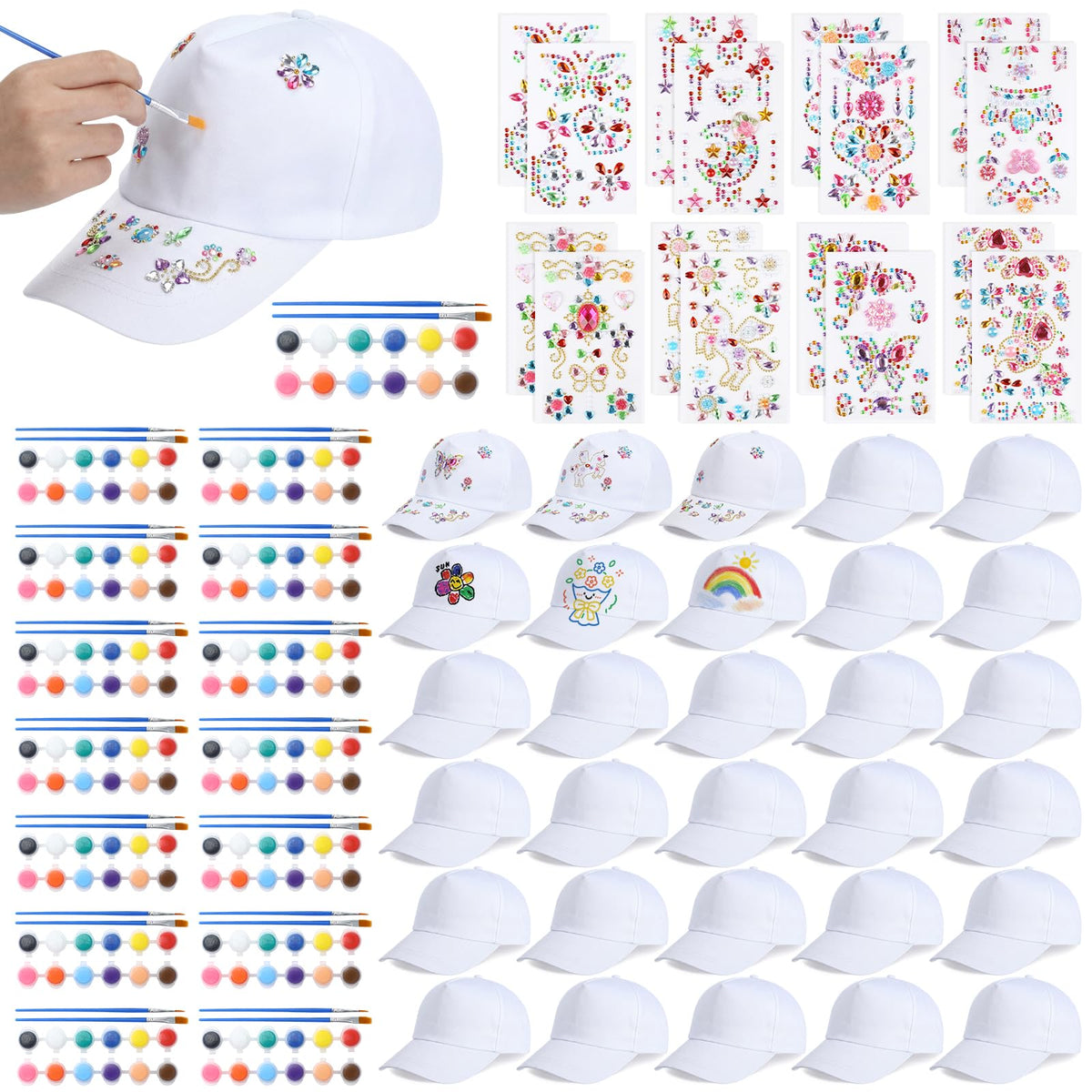 30 Pcs White Blank Adjustable Baseball Caps with Acrylic Paint Brushes R651758