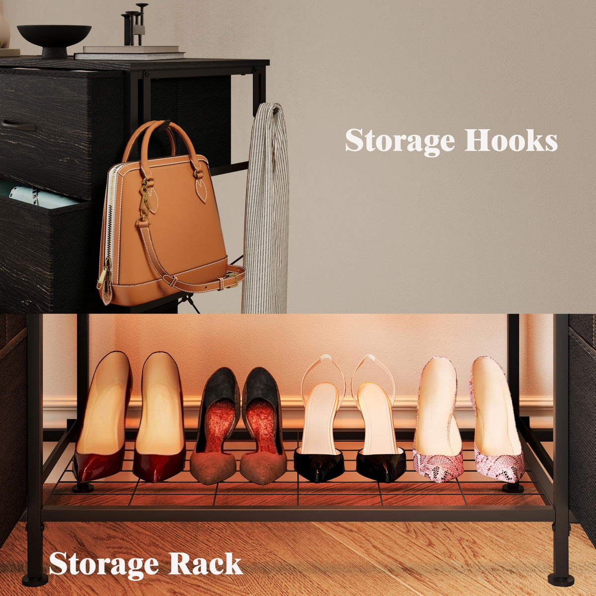 55"W Dresser with Hanging Rack, 10 Fabric Drawers & Hooks H88257