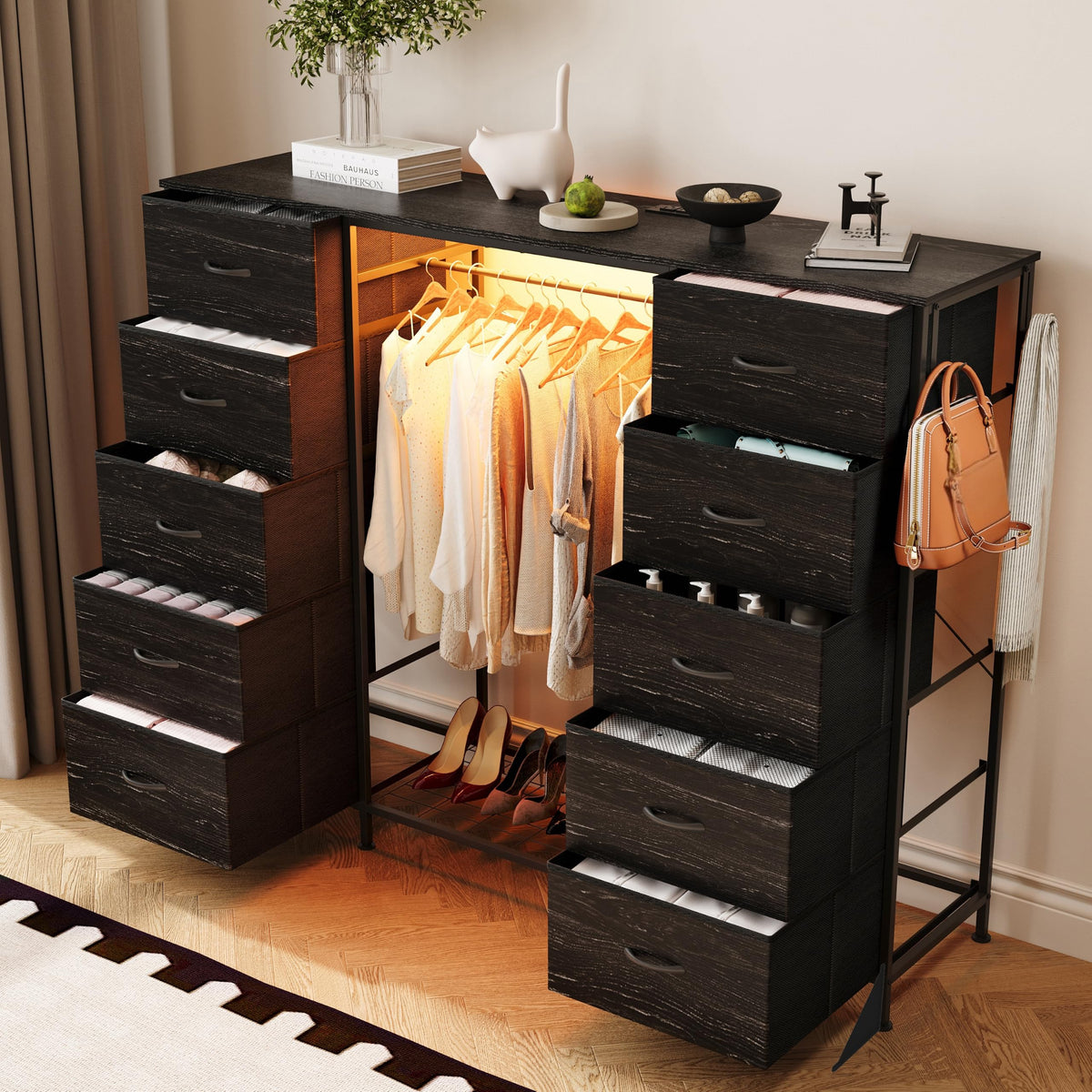 55"W Dresser with Hanging Rack, 10 Fabric Drawers & Hooks H88257